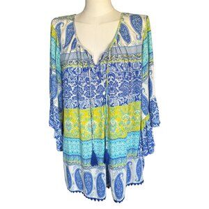 Latitude 10 Multicolored Round Neck Boho Peasant Pullover Top Women's Sz 2X